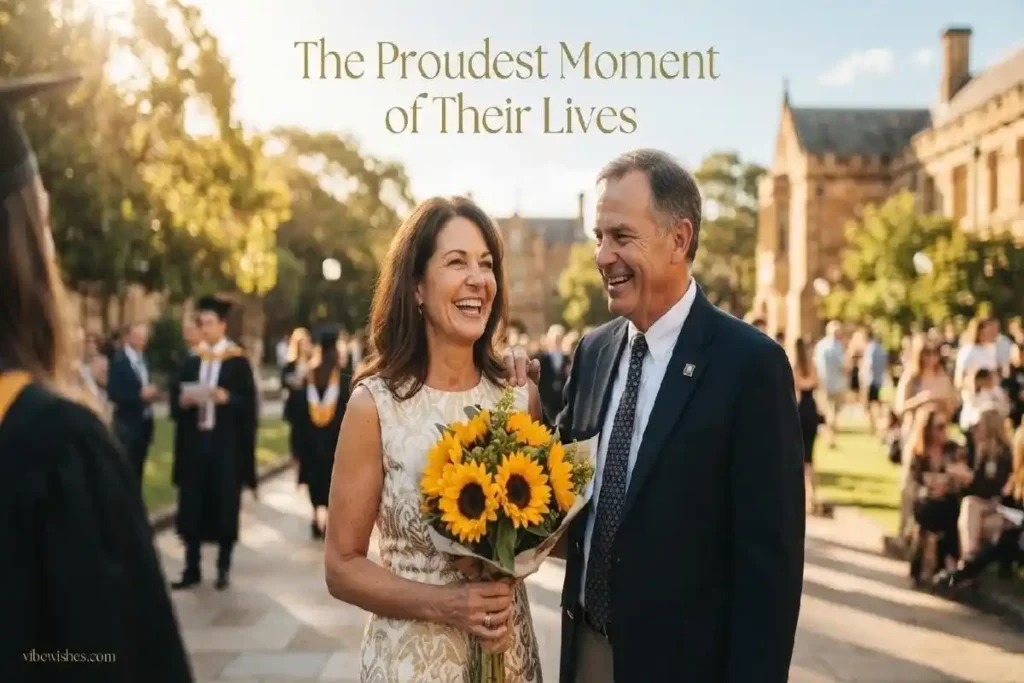 "Two proud parents smiling on graduation day representing heartfelt graduation card messages from parents"