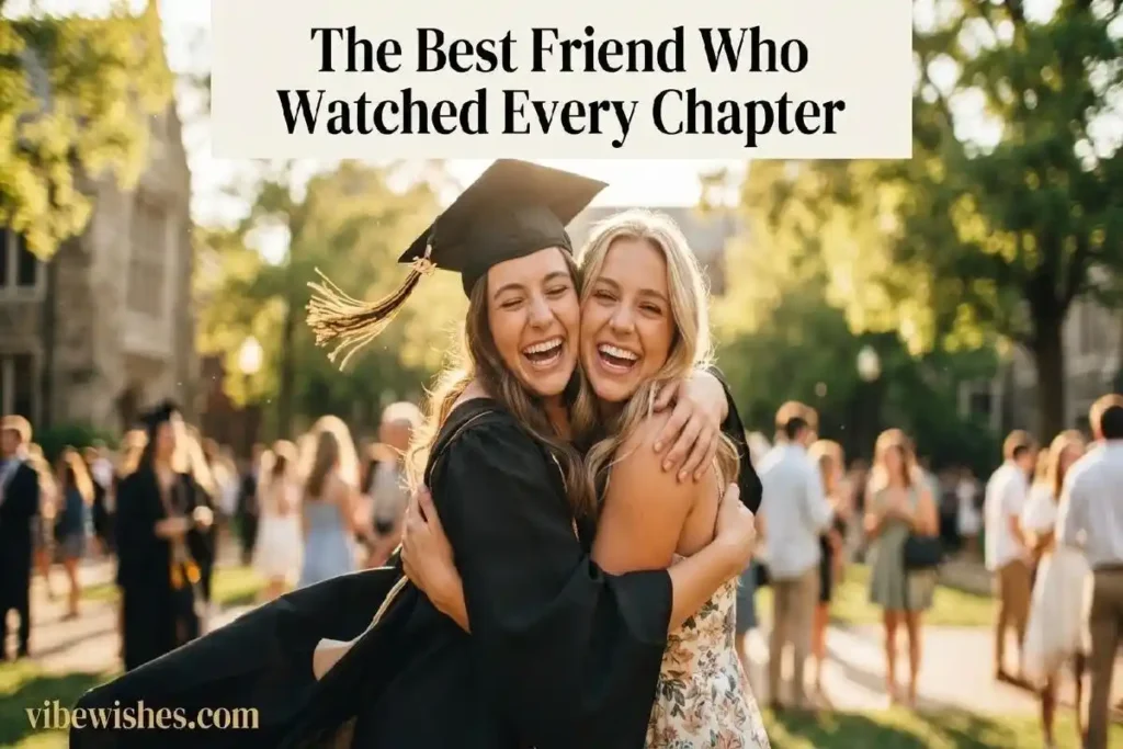 "Two best friends hugging on graduation day with graduation cap and gown representing graduation card messages for best friend"