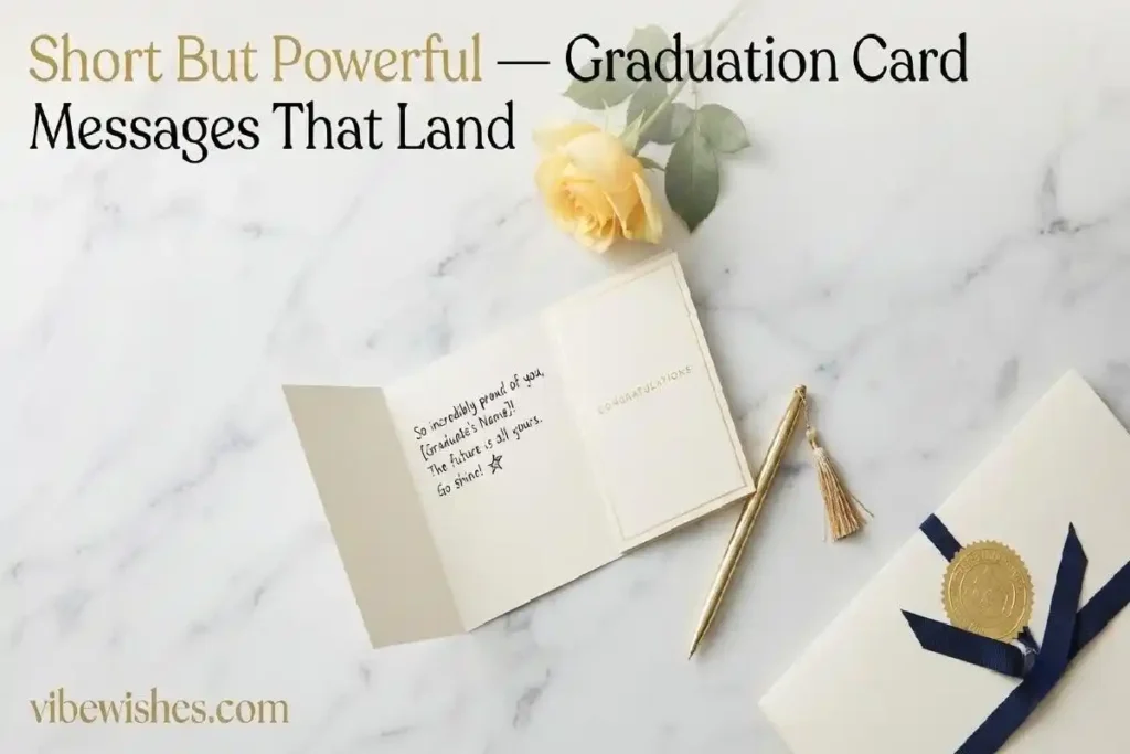 "Small open graduation card with handwritten short message on marble surface representing short graduation card inscription examples"