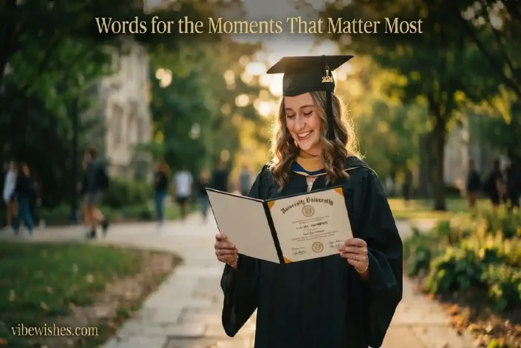 "Graduate in cap and gown holding open diploma with proud emotional expression representing perfect graduation card wording inside"